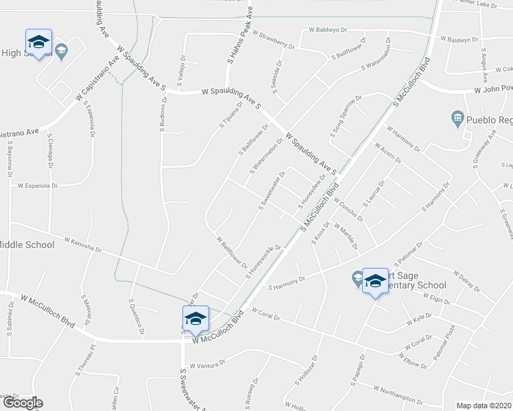 map of restaurants, bars, coffee shops, grocery stores, and more near 815 South Sweetwater Drive in Pueblo West