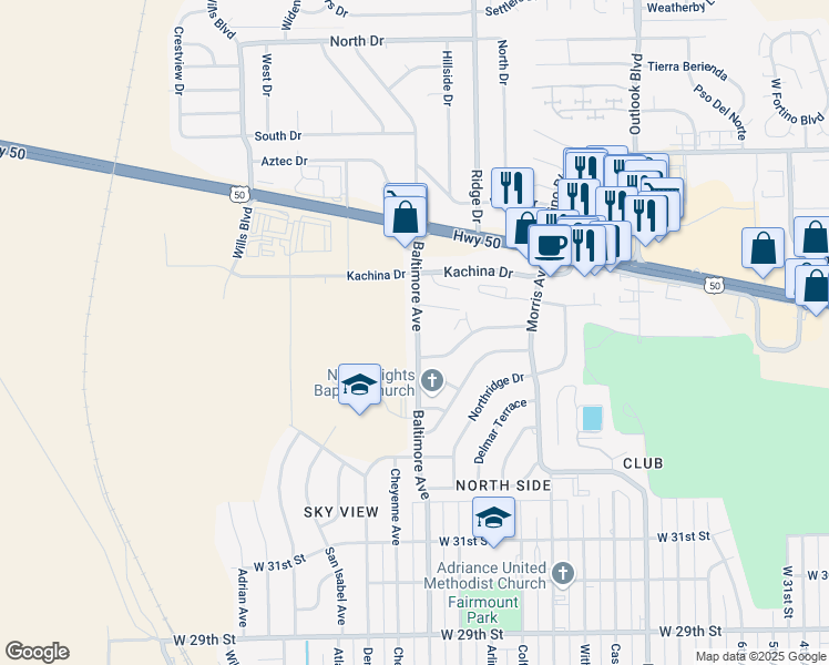 map of restaurants, bars, coffee shops, grocery stores, and more near 3473 Baltimore Avenue in Pueblo