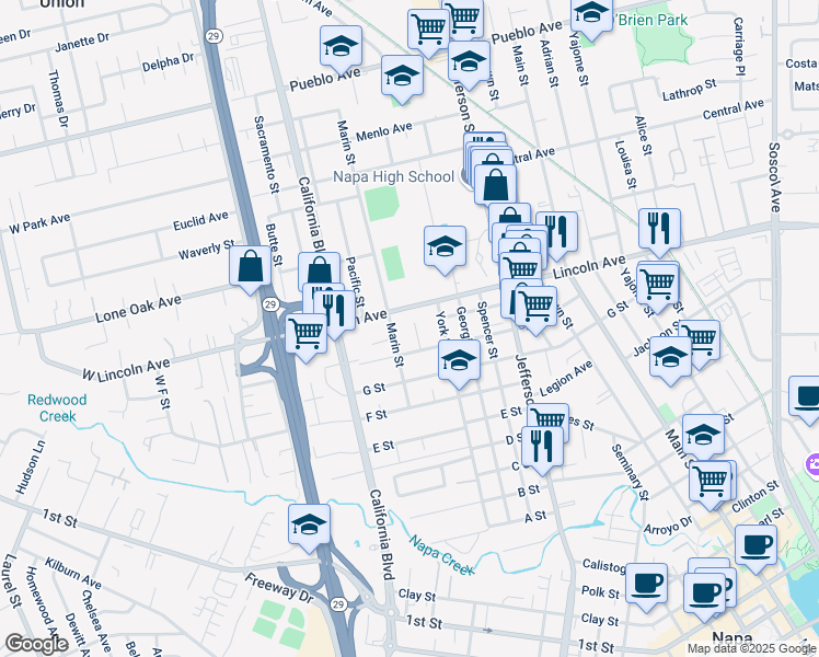 map of restaurants, bars, coffee shops, grocery stores, and more near 2233 Vidal St in Napa