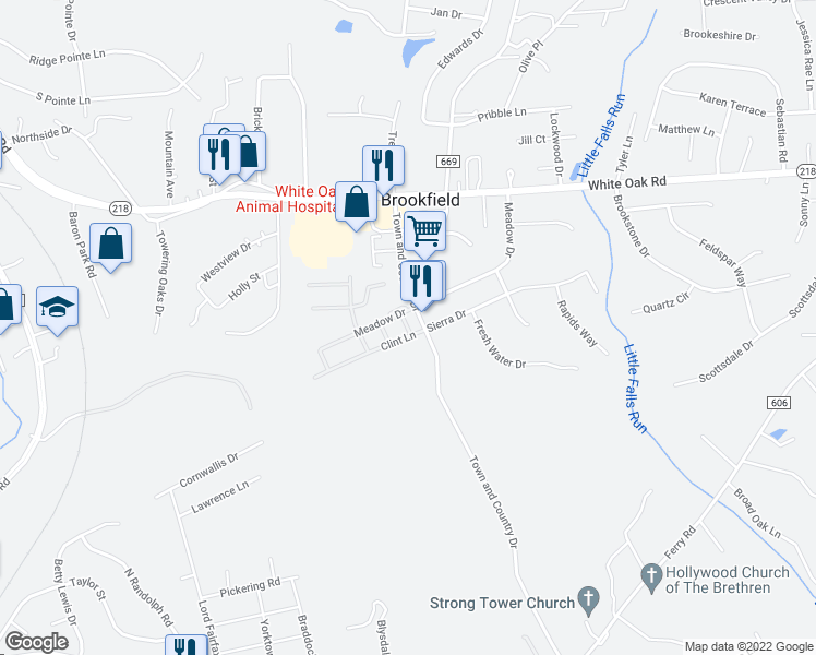 map of restaurants, bars, coffee shops, grocery stores, and more near 111 Abby Lane in Fredericksburg