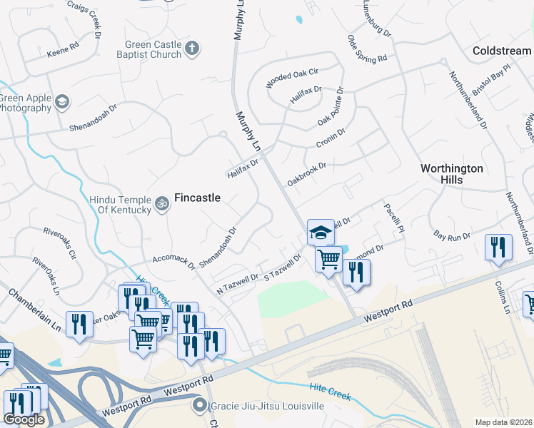 map of restaurants, bars, coffee shops, grocery stores, and more near 4413 Culpepper Circle in Louisville