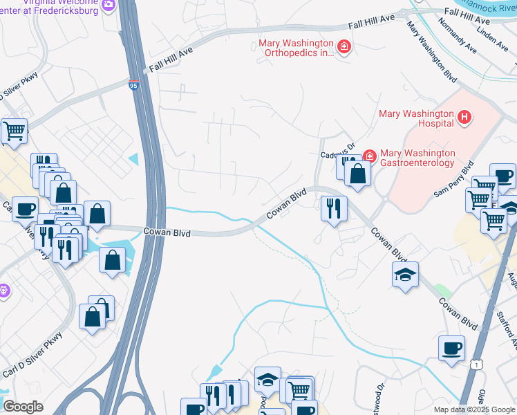 map of restaurants, bars, coffee shops, grocery stores, and more near 1010 Hotchkiss Court in Fredericksburg