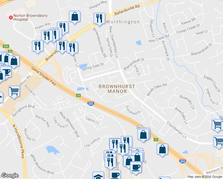 map of restaurants, bars, coffee shops, grocery stores, and more near 4402 Brownhurst Way in Louisville