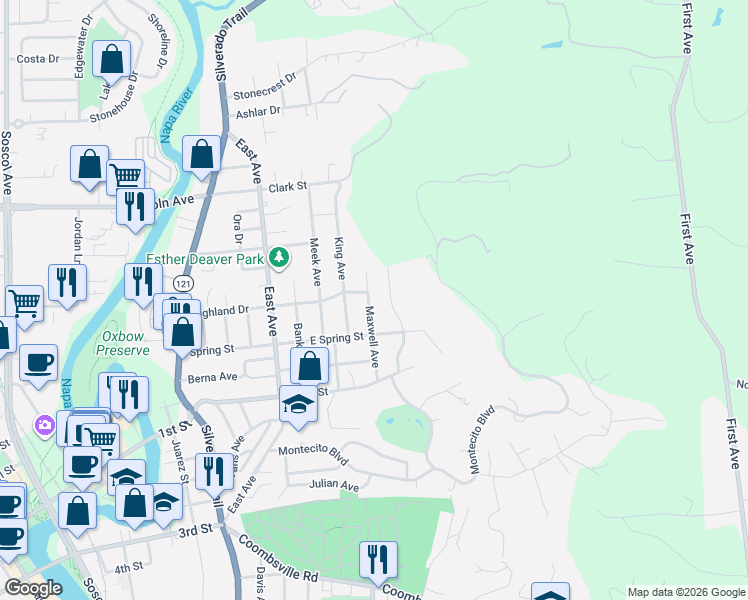 map of restaurants, bars, coffee shops, grocery stores, and more near 1418 Maxwell Avenue in Napa