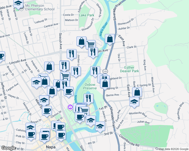 map of restaurants, bars, coffee shops, grocery stores, and more near 1045 McKenzie Drive in Napa