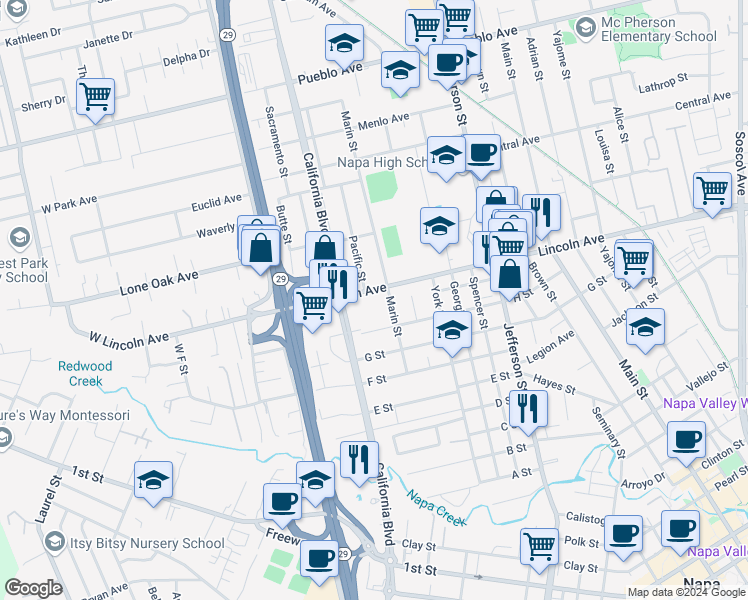 map of restaurants, bars, coffee shops, grocery stores, and more near 1729 Lincoln Avenue in Napa