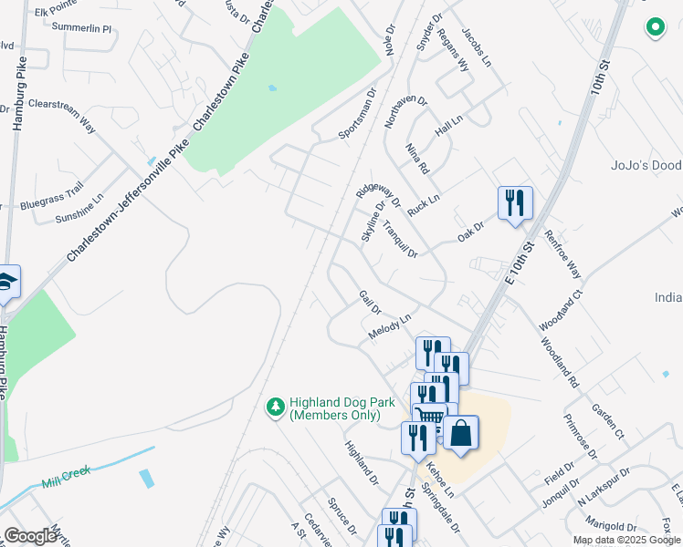 map of restaurants, bars, coffee shops, grocery stores, and more near 1244 Ridgeway Drive in Jeffersonville