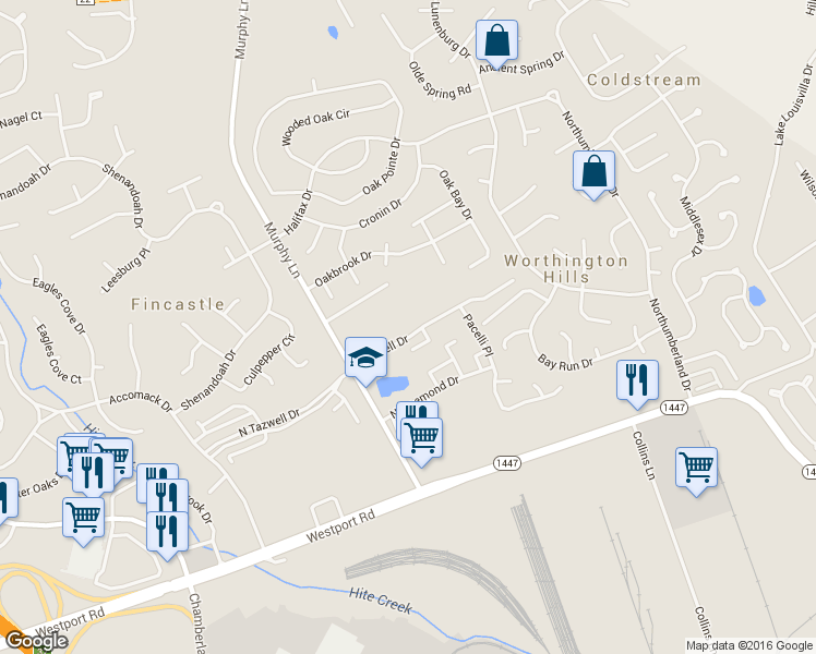 map of restaurants, bars, coffee shops, grocery stores, and more near 11701 Tazwell Drive in Louisville