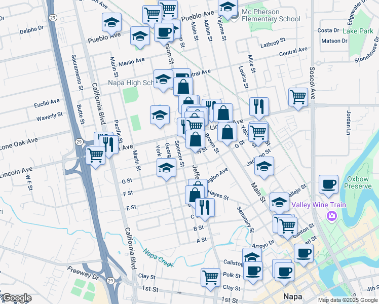 map of restaurants, bars, coffee shops, grocery stores, and more near 2180 Jefferson Street in Napa