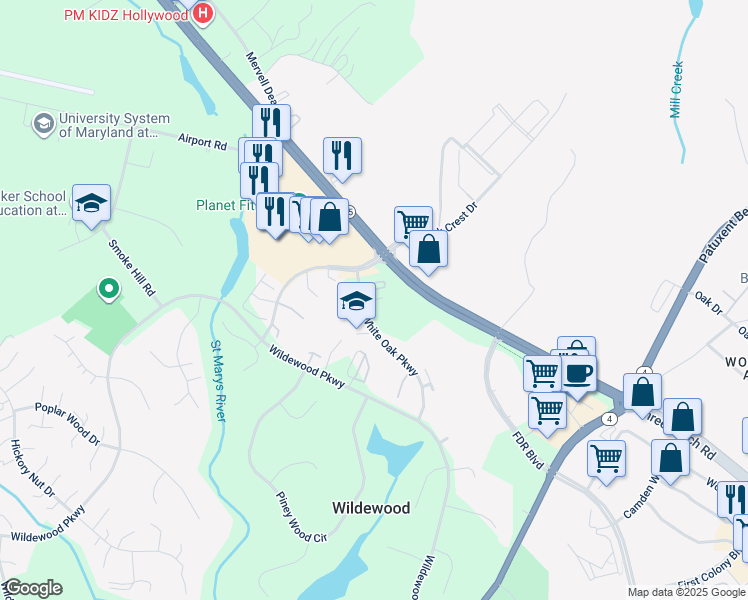 map of restaurants, bars, coffee shops, grocery stores, and more near 44695 White Oak Court in California