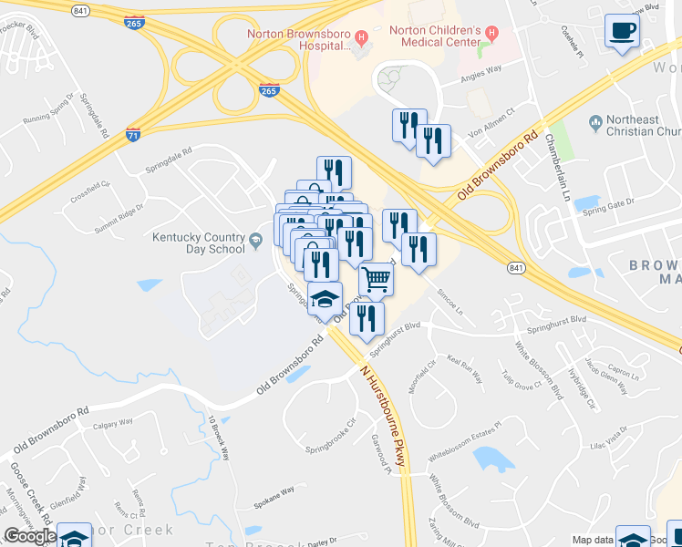 map of restaurants, bars, coffee shops, grocery stores, and more near 4021 Summit Plaza Drive in Louisville