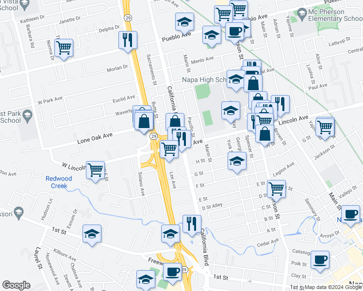 map of restaurants, bars, coffee shops, grocery stores, and more near 1723 Lincoln Avenue in Napa