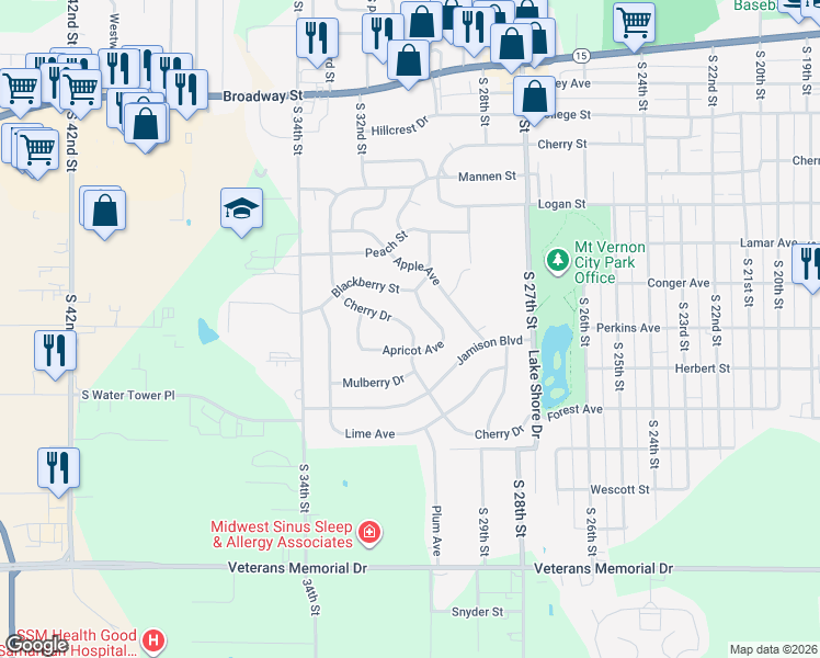 map of restaurants, bars, coffee shops, grocery stores, and more near Cherry Street in Mount Vernon