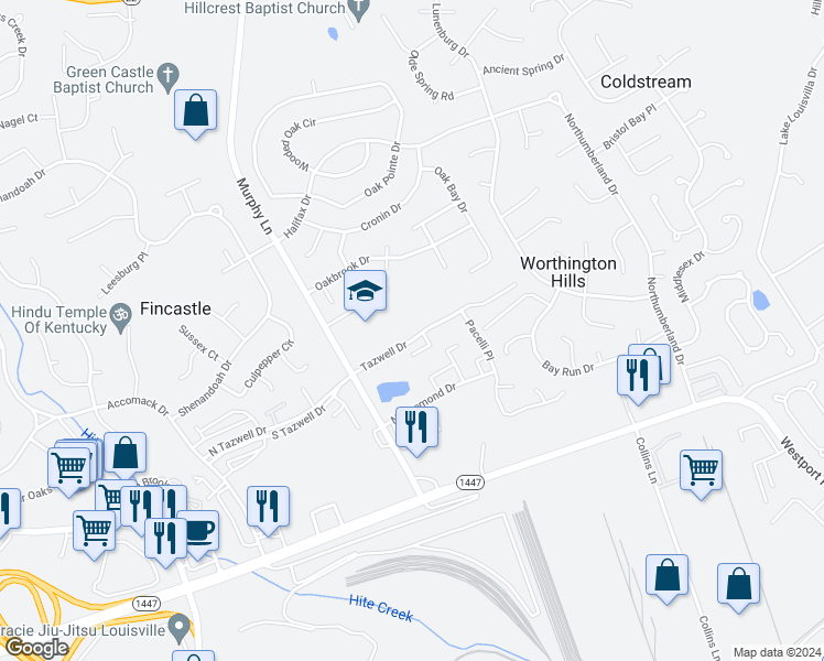 map of restaurants, bars, coffee shops, grocery stores, and more near 11705 Tazwell Drive in Louisville