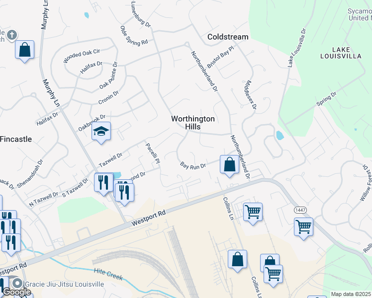 map of restaurants, bars, coffee shops, grocery stores, and more near 4314 Arwine Court in Louisville