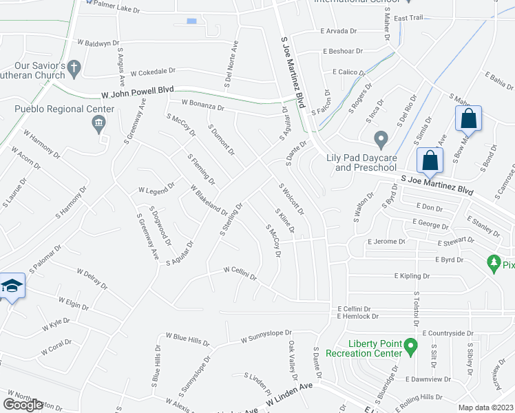 map of restaurants, bars, coffee shops, grocery stores, and more near 762 South McCoy Drive in Pueblo West