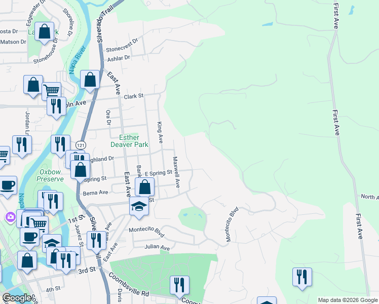 map of restaurants, bars, coffee shops, grocery stores, and more near 1442 Sproul Avenue in Napa