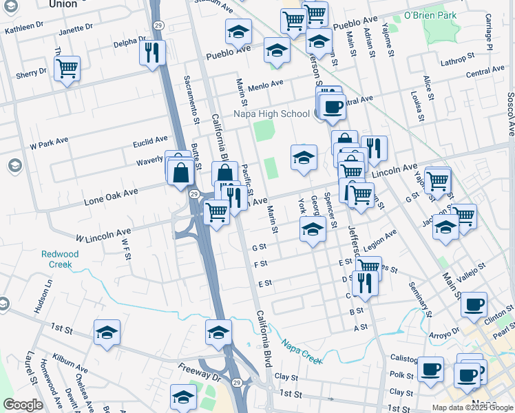 map of restaurants, bars, coffee shops, grocery stores, and more near 1729 Lincoln Avenue in Napa