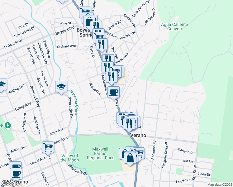 map of restaurants, bars, coffee shops, grocery stores, and more near 18629 Highway 12 in Sonoma