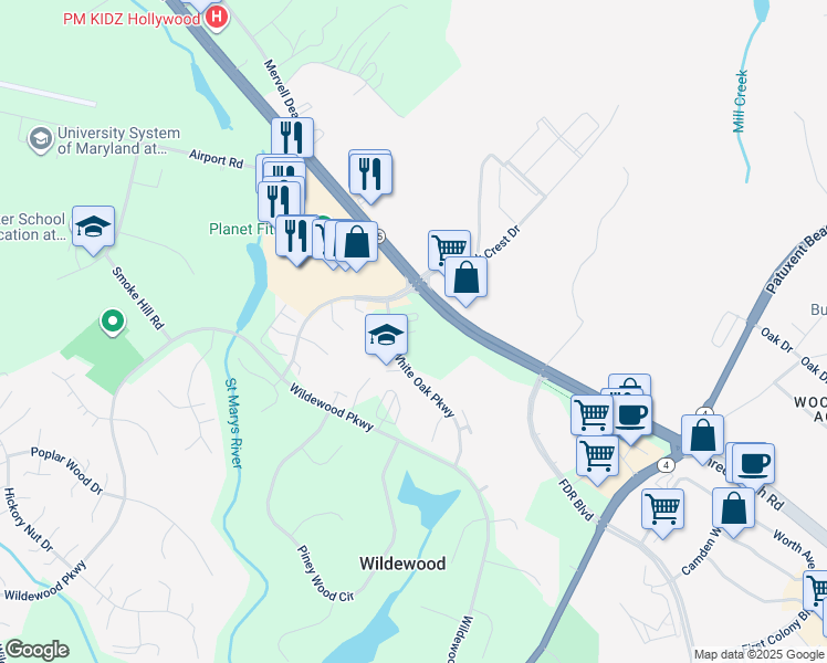 map of restaurants, bars, coffee shops, grocery stores, and more near 44693 White Oak Court in California