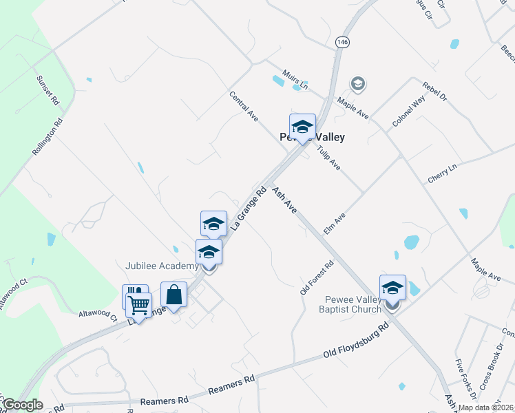 map of restaurants, bars, coffee shops, grocery stores, and more near 101 Dogwood Lane in Pewee Valley