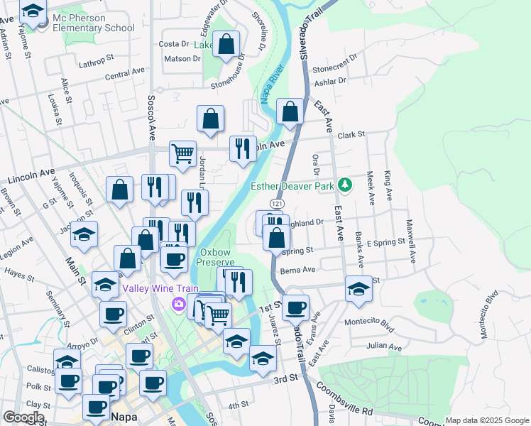 map of restaurants, bars, coffee shops, grocery stores, and more near 1044 McKenzie Drive in Napa