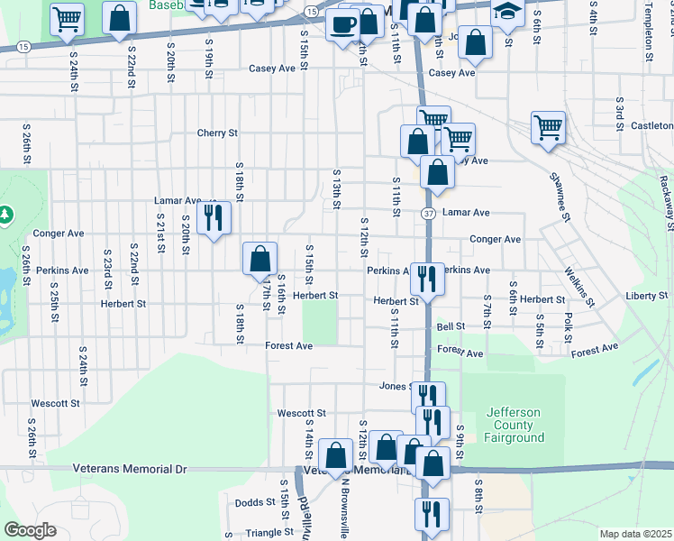 map of restaurants, bars, coffee shops, grocery stores, and more near 1301 Perkins Avenue in Mount Vernon