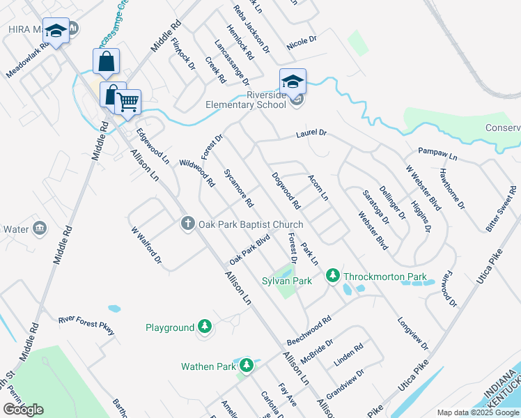 map of restaurants, bars, coffee shops, grocery stores, and more near 23 Sycamore Road in Jeffersonville