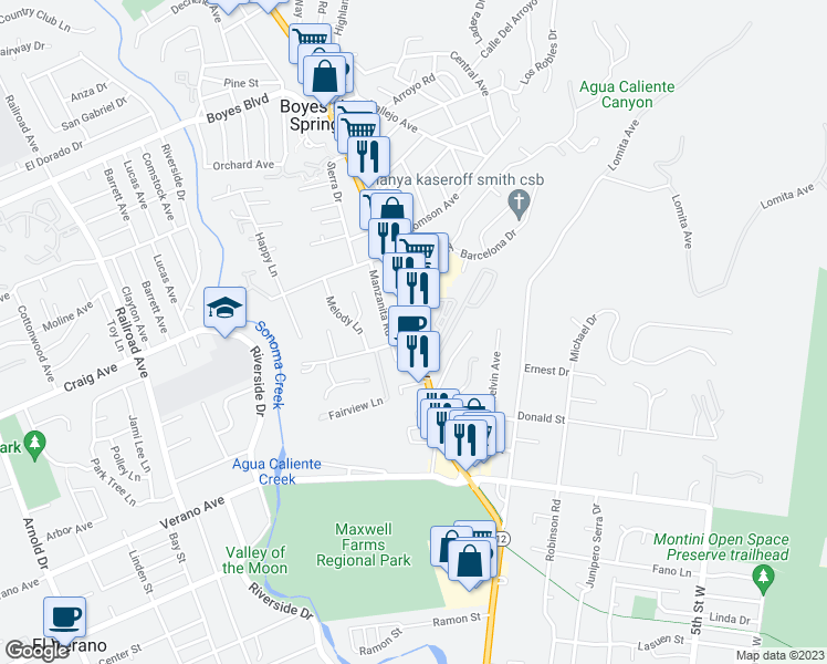 map of restaurants, bars, coffee shops, grocery stores, and more near 18700 Sonoma Highway in Sonoma