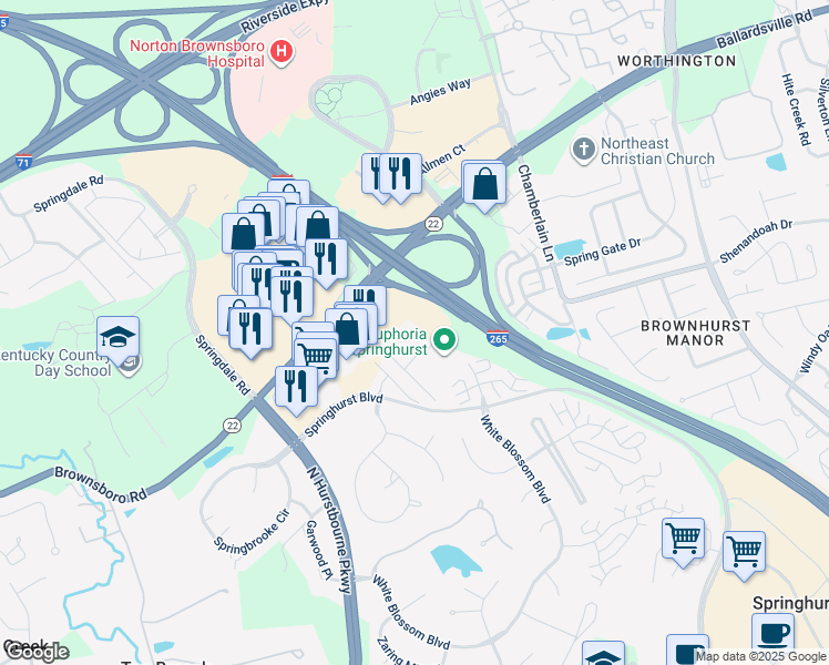 map of restaurants, bars, coffee shops, grocery stores, and more near 4201 Simcoe Lane in Louisville