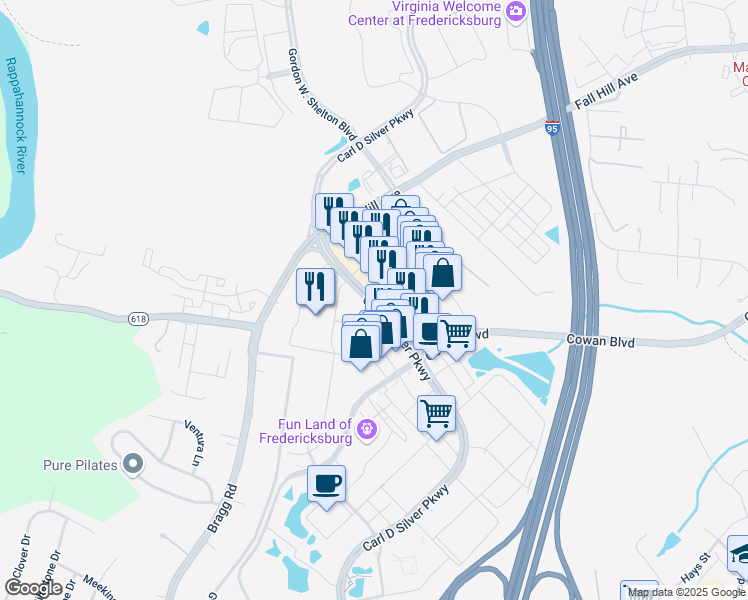 map of restaurants, bars, coffee shops, grocery stores, and more near Carl D Silver Parkway in Fredericksburg