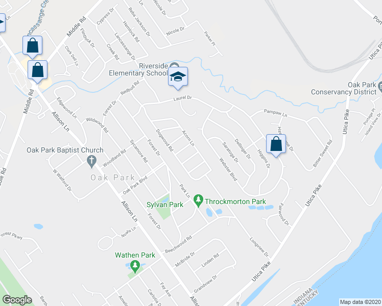 map of restaurants, bars, coffee shops, grocery stores, and more near 3307 Juniper Lane in Jeffersonville