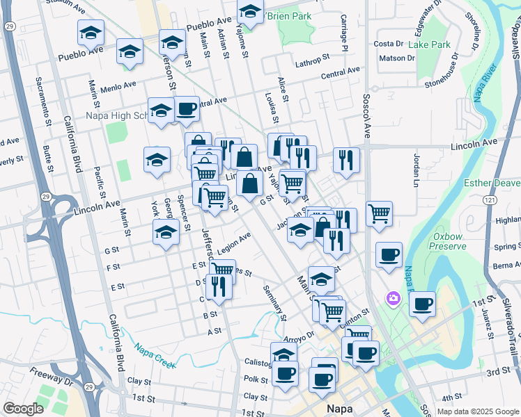 map of restaurants, bars, coffee shops, grocery stores, and more near 1986 Main Street in Napa