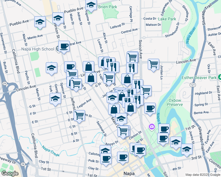 map of restaurants, bars, coffee shops, grocery stores, and more near 895 Jackson Street in Napa
