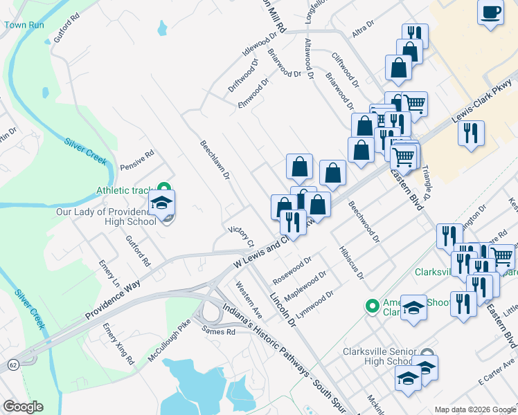map of restaurants, bars, coffee shops, grocery stores, and more near 417-419 Hale Road in Clarksville