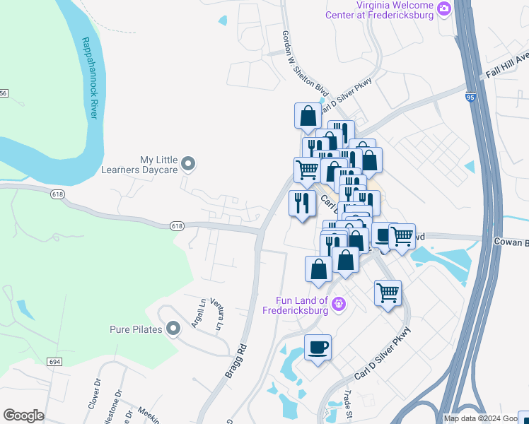 map of restaurants, bars, coffee shops, grocery stores, and more near 76 Riverside Manor Boulevard in Fredericksburg