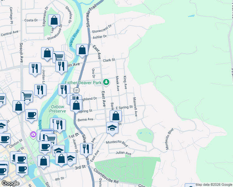 map of restaurants, bars, coffee shops, grocery stores, and more near 53 Highland Drive in Napa