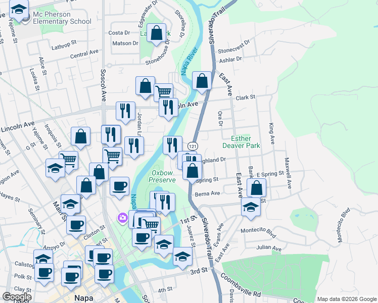 map of restaurants, bars, coffee shops, grocery stores, and more near 1044 McKenzie Drive in Napa