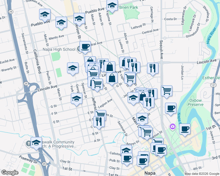 map of restaurants, bars, coffee shops, grocery stores, and more near 1975 Main Street in Napa