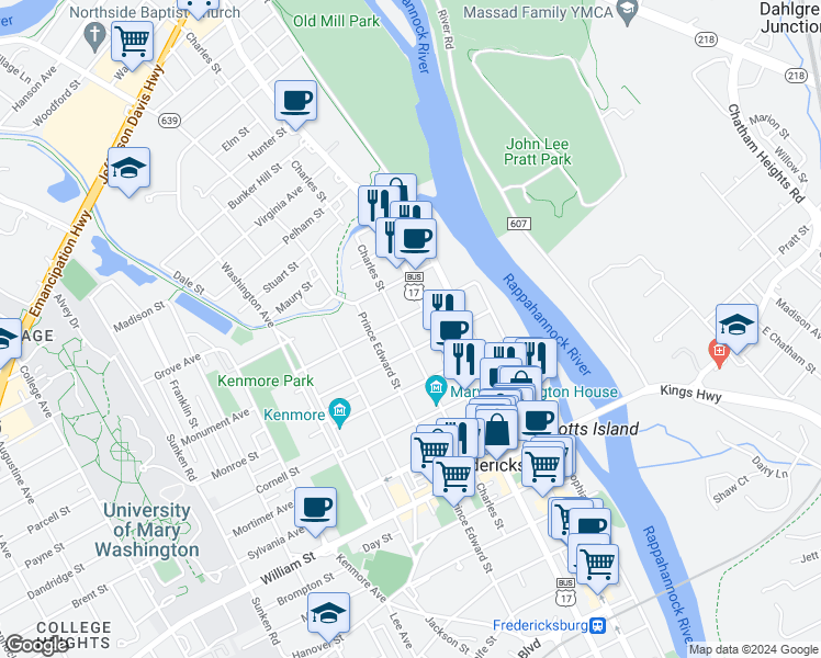 map of restaurants, bars, coffee shops, grocery stores, and more near 1409 Charles Street in Fredericksburg