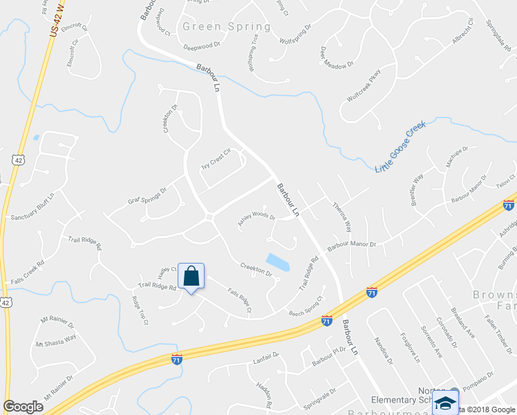 map of restaurants, bars, coffee shops, grocery stores, and more near 7621 Ashleywood Drive in Louisville
