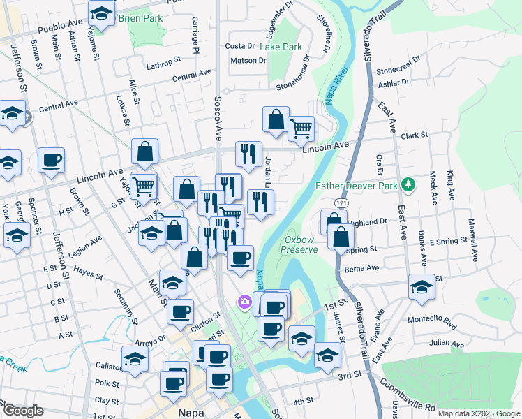 map of restaurants, bars, coffee shops, grocery stores, and more near 620 Imperial Way in Napa