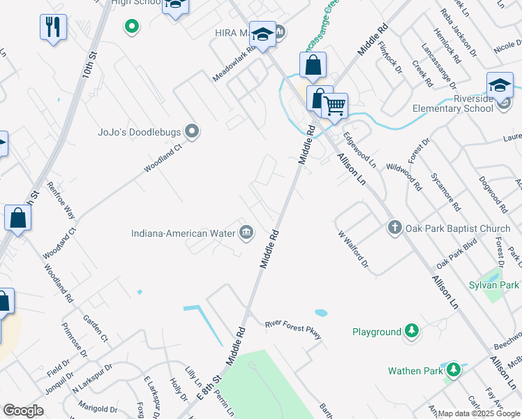 map of restaurants, bars, coffee shops, grocery stores, and more near 1713 Village Green Boulevard in Jeffersonville
