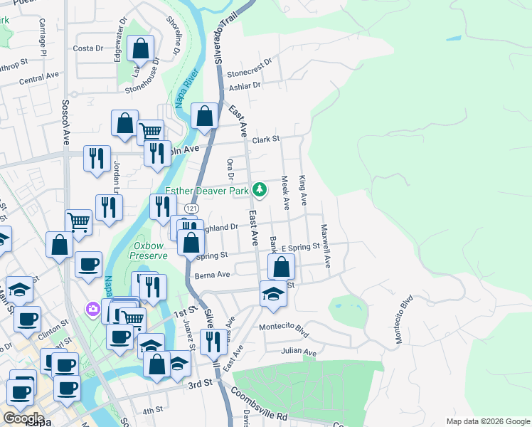 map of restaurants, bars, coffee shops, grocery stores, and more near 53 Highland Drive in Napa