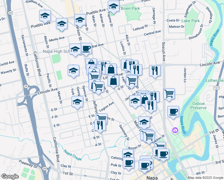map of restaurants, bars, coffee shops, grocery stores, and more near 1975 Main Street in Napa