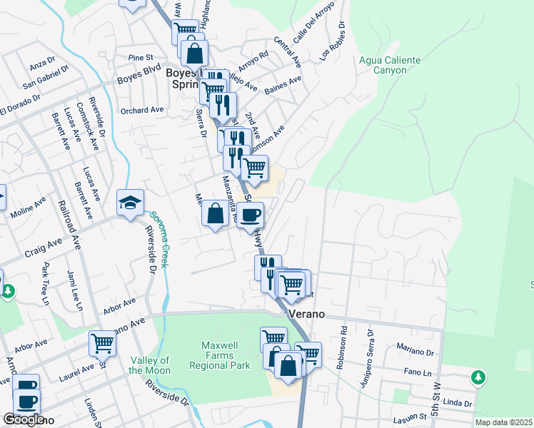 map of restaurants, bars, coffee shops, grocery stores, and more near 18700 Sonoma Highway in Sonoma