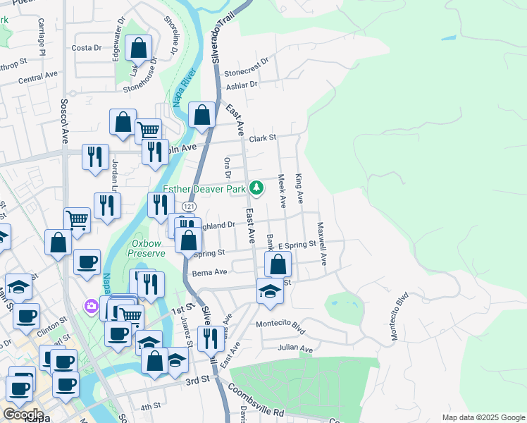 map of restaurants, bars, coffee shops, grocery stores, and more near 53 Highland Drive in Napa