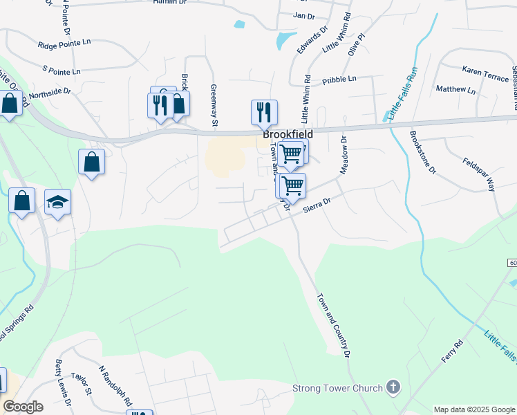 map of restaurants, bars, coffee shops, grocery stores, and more near 1615 Meadow Drive in Fredericksburg