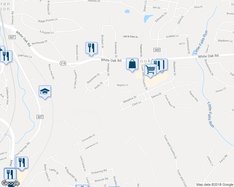 map of restaurants, bars, coffee shops, grocery stores, and more near 609 Kensington Drive in Fredericksburg