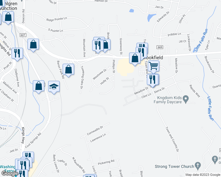 map of restaurants, bars, coffee shops, grocery stores, and more near 322 Phillips Street in Fredericksburg
